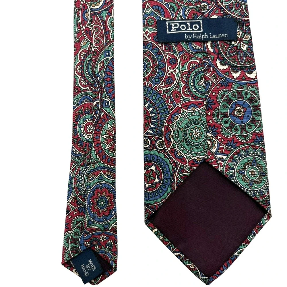 Vintage Polo Ralph Lauren Silk Necktie Mens Red Green Blue Medallion USA 58x3.5‎